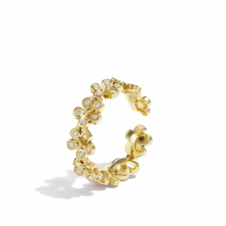 Bague dorée ajustable à motif fleurs, ornée de cristaux brillants, en acier inoxydable.