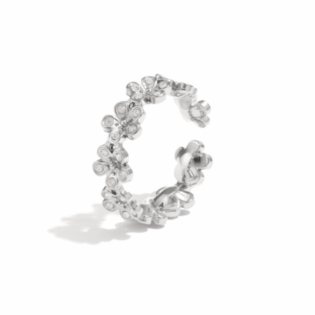 Bague argentée ajustable à motif fleurs, ornée de cristaux brillants, en acier inoxydable.