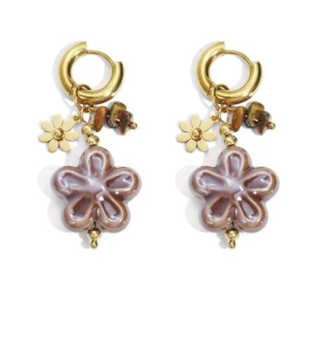 Boucles d’oreilles en acier inoxydable avec pendentif fleur et éléments décoratifs en pierre et céramique