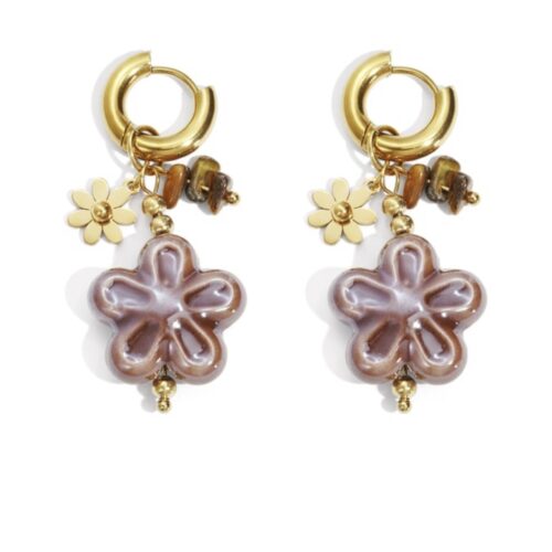 Boucles d’oreilles en acier inoxydable avec pendentif fleur et éléments décoratifs en pierre et céramique