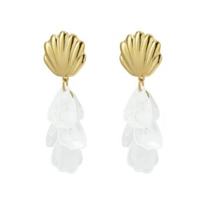 Boucles d’oreilles Mira dorées coquillage avec pétales translucides pendantes élégantes femme