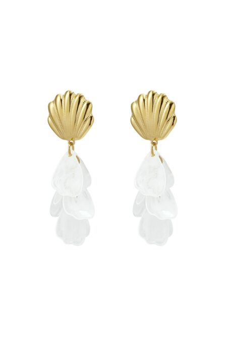 Boucles d’oreilles Mira dorées coquillage avec pétales translucides pendantes élégantes femme