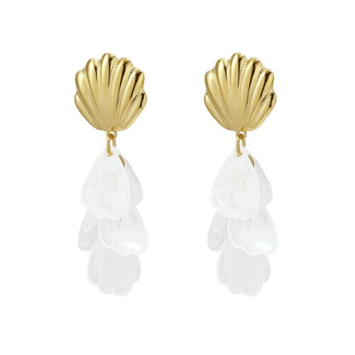 Boucles d’oreilles Mira dorées coquillage avec pétales translucides pendantes élégantes femme