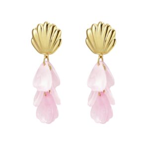Boucles d’oreilles Mira dorées coquillage avec pétales translucides pendantes élégantes femme.
