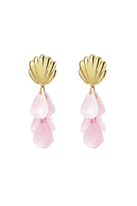 Boucles d’oreilles Mira dorées coquillage avec pétales translucides pendantes élégantes femme.