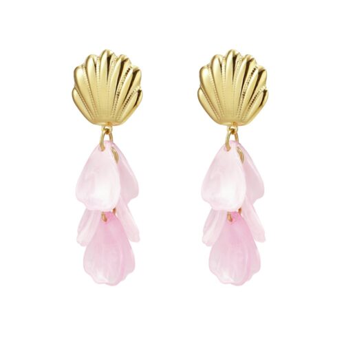 Boucles d’oreilles Mira dorées coquillage avec pétales translucides pendantes élégantes femme.